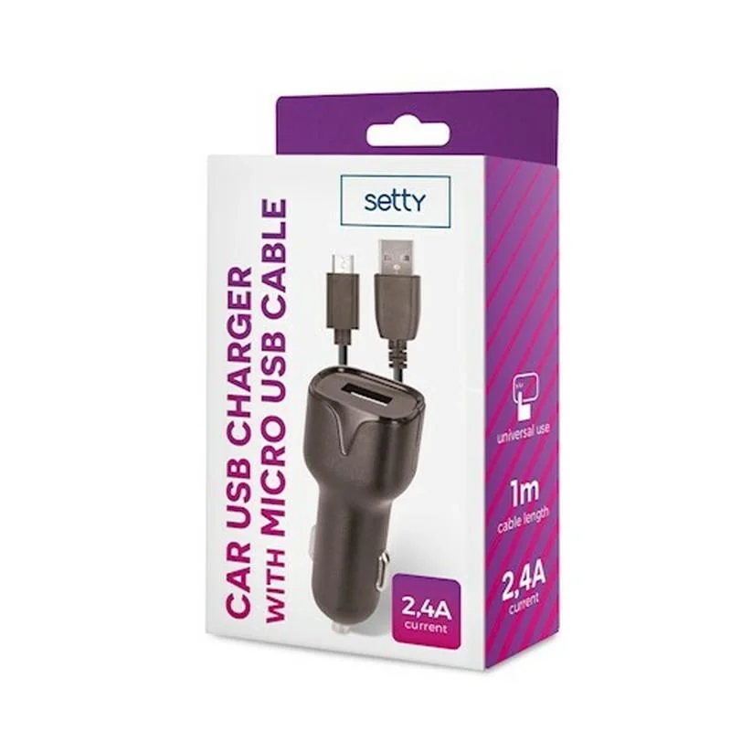 SETTY USB autonabíjačka 2,4A microUSB 1m kábel, čierna GSM043807