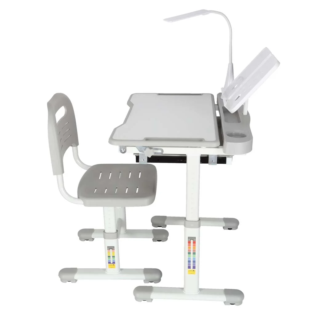 Detský písací stôl so zásuvkou stolička lampa šedá