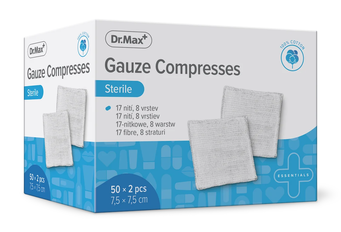 Dr.Max Gauze Compresses Sterile sterilné gázové kompresy, 8 vrstiev, 17 nití, so zloženými okrajmi, 7,5x7,5 cm, 1x2 ks