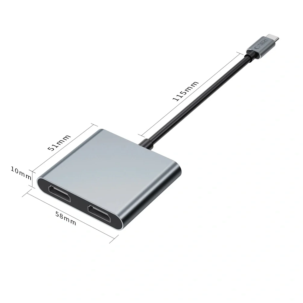 Tech-Protect HB08 HUB adaptér USB-C - USB 2.0 / 2x HDMI 4K, šedý