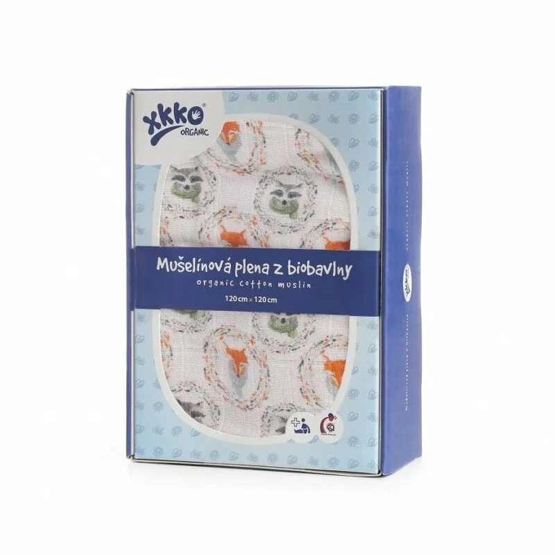 XKKO Organic Biobavlnená plienka 120x120, Fox&Raccoon 1×1 ks, biobavlnené plienky