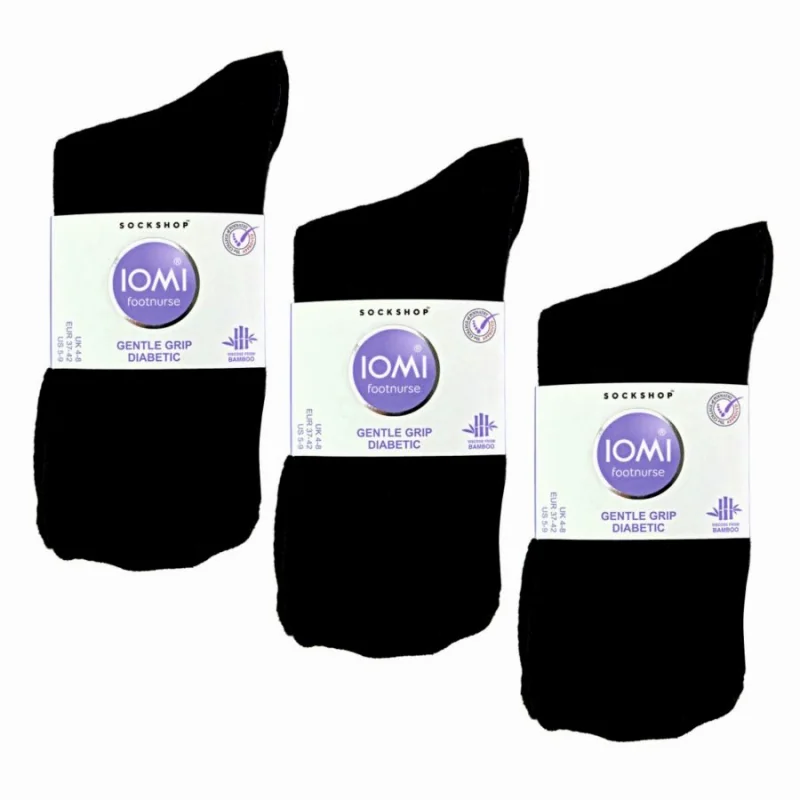 6 párov dámske IOMI Diabetik Bambusové tenké ponožky čierne voľný lem 