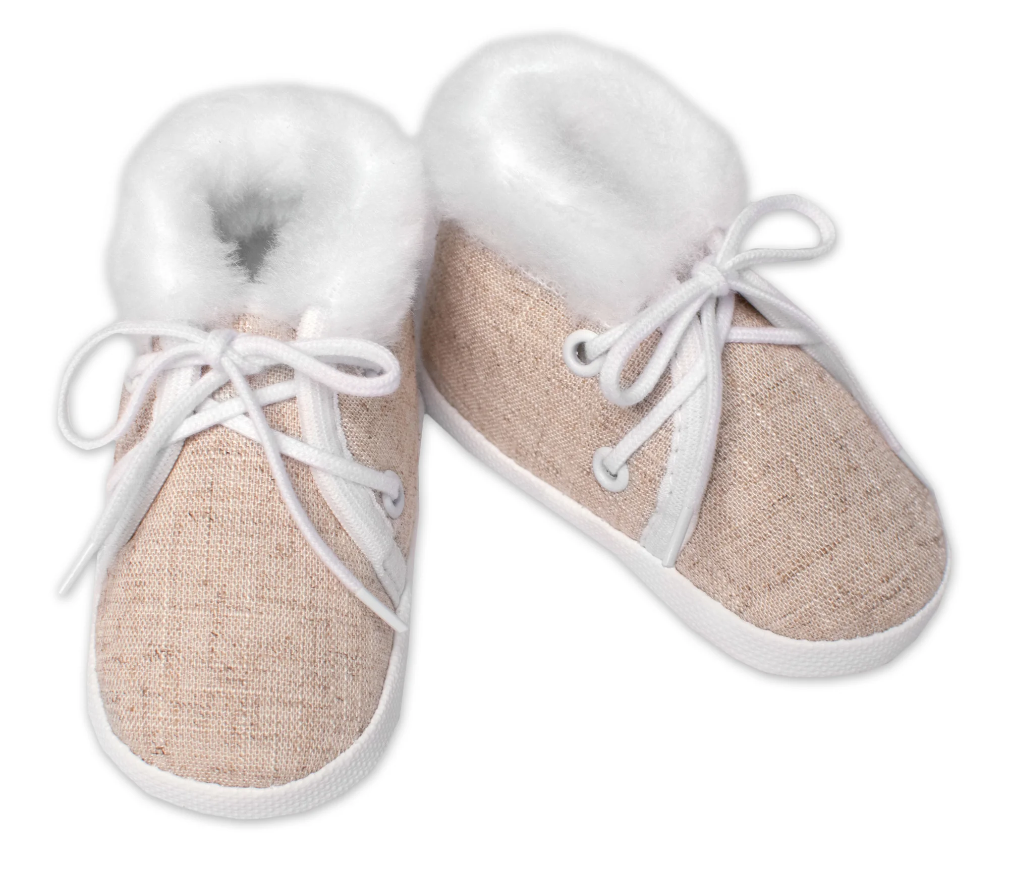 Dojčenské capáčky/topánočky na šnurovanie s kožúškom, Baby Nellys, béžové, vel. 62/68 