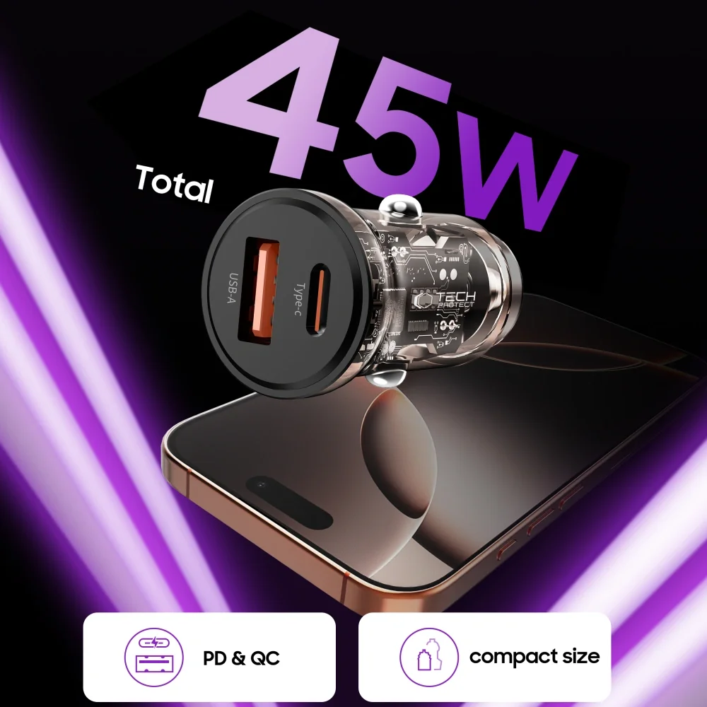 Tech-Protect CC01 autonabíjačka USB / USB-C 45W PD QC, čierna