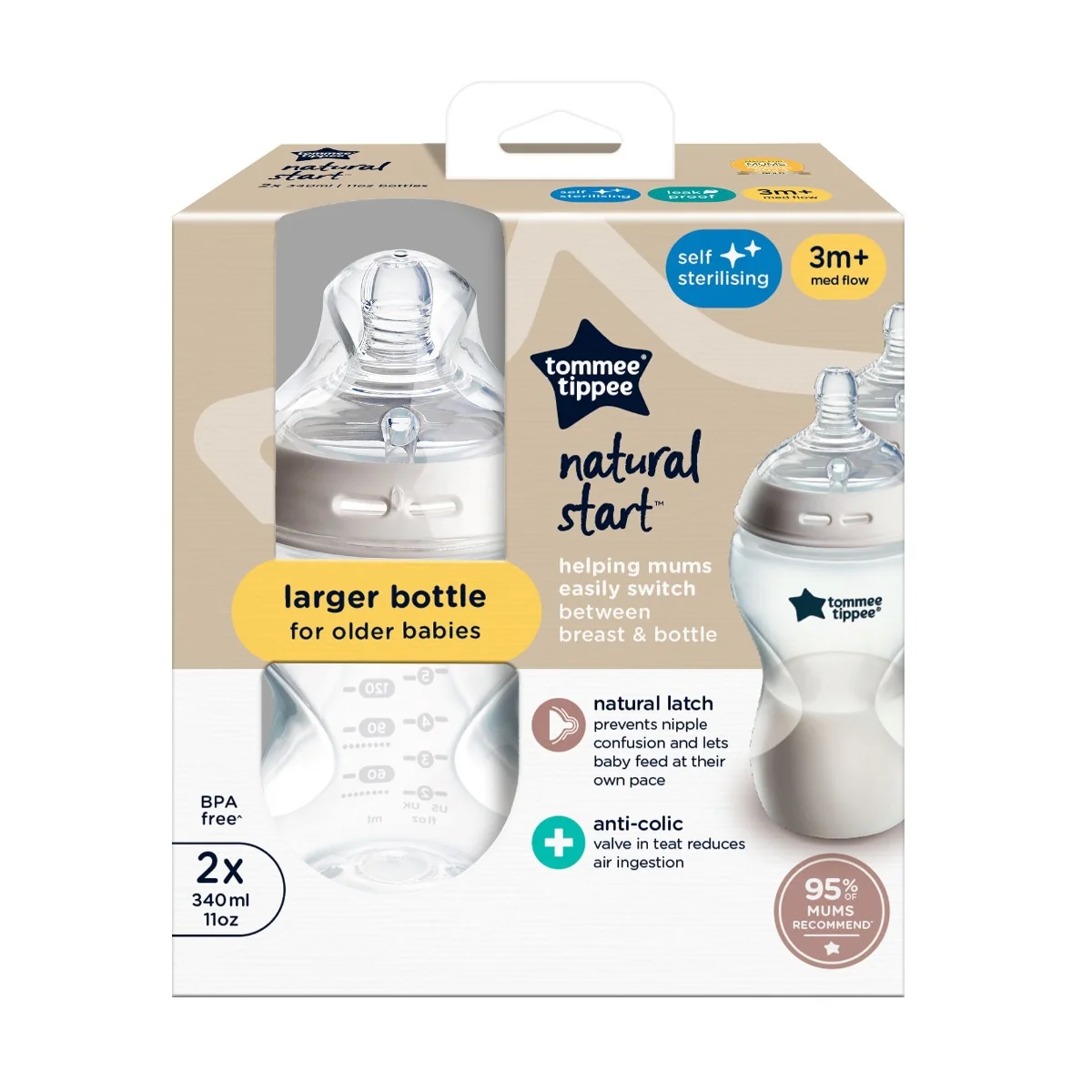 Tommee Tippee Natural Start Samosterilizačná Dojčenská Fľaša s ANTI-COLIC cumlíkom Stredný Prietok 340 ml 3m+, 2 ks 1×2 ks, dojčenská fľaša