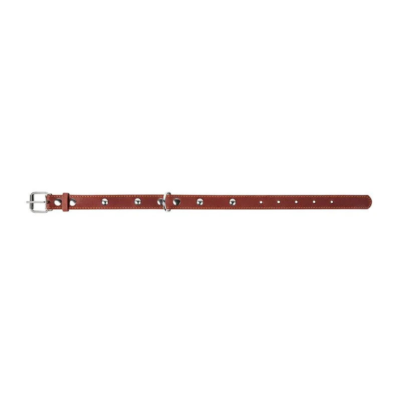 Kožený obojok s kovovou dekoráciou dvojvrstvový hnedý, Obvod krku: dĺžka: 27-35 cm, širka: 14 mm