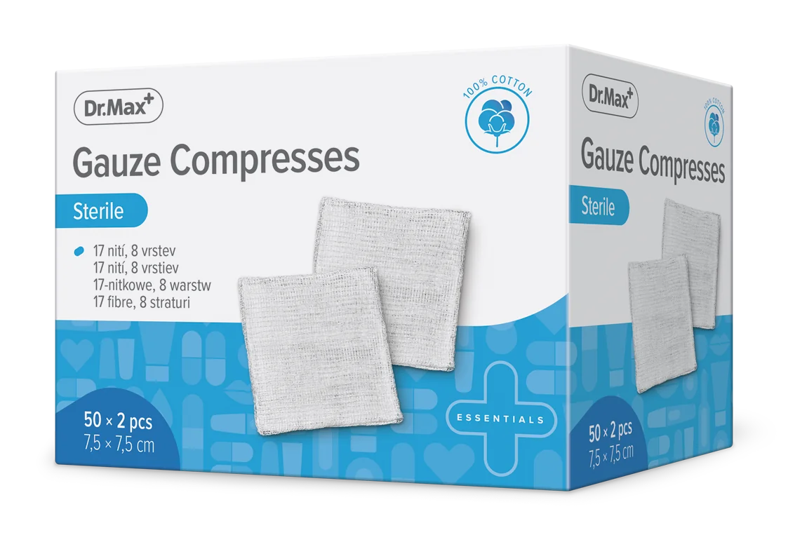 Dr.Max Gauze Compresses Sterile sterilné gázové kompresy, 8 vrstiev, 17 nití, so zloženými okrajmi, 7,5x7,5 cm, 1x2 ks