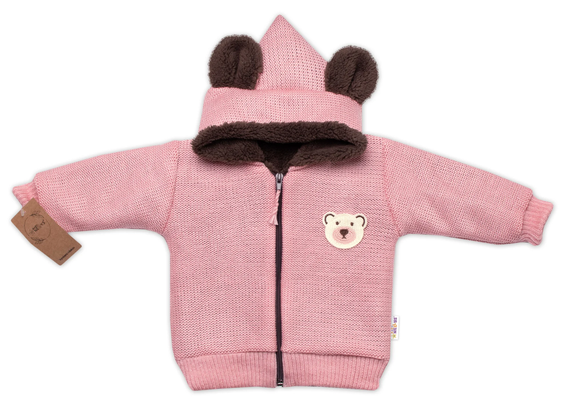 Oteplená pletená bundička Teddy Bear, Baby Nellys, dvojvrstvová, ružová 