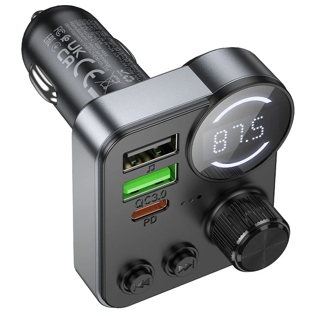 Hoco E86 Bluetooth FM Transmitter autonabíjačka 2x USB / USB-C QC PD 48W, čierna