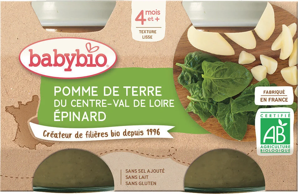 BABYBIO Zemiaky so špenátom 2×130 g, zeleninový príkrm