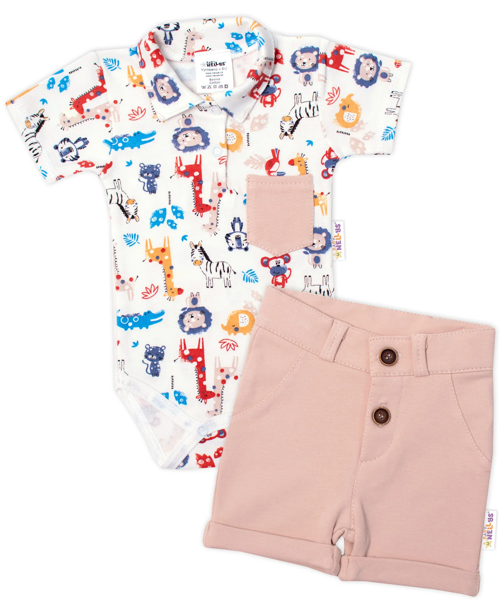 Baby Nellys 2-dielna sada body kr. rukáv, kraťasky, Safari - ecru/béžová