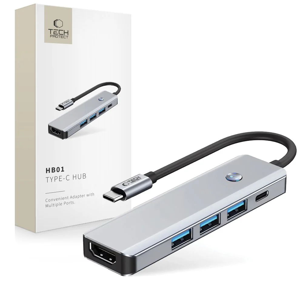 Tech-Protect HB01 HUB adaptér USB-C - 3x USB 3.0 / HDMI 4K / USB-C 100W, šedý W, šedý