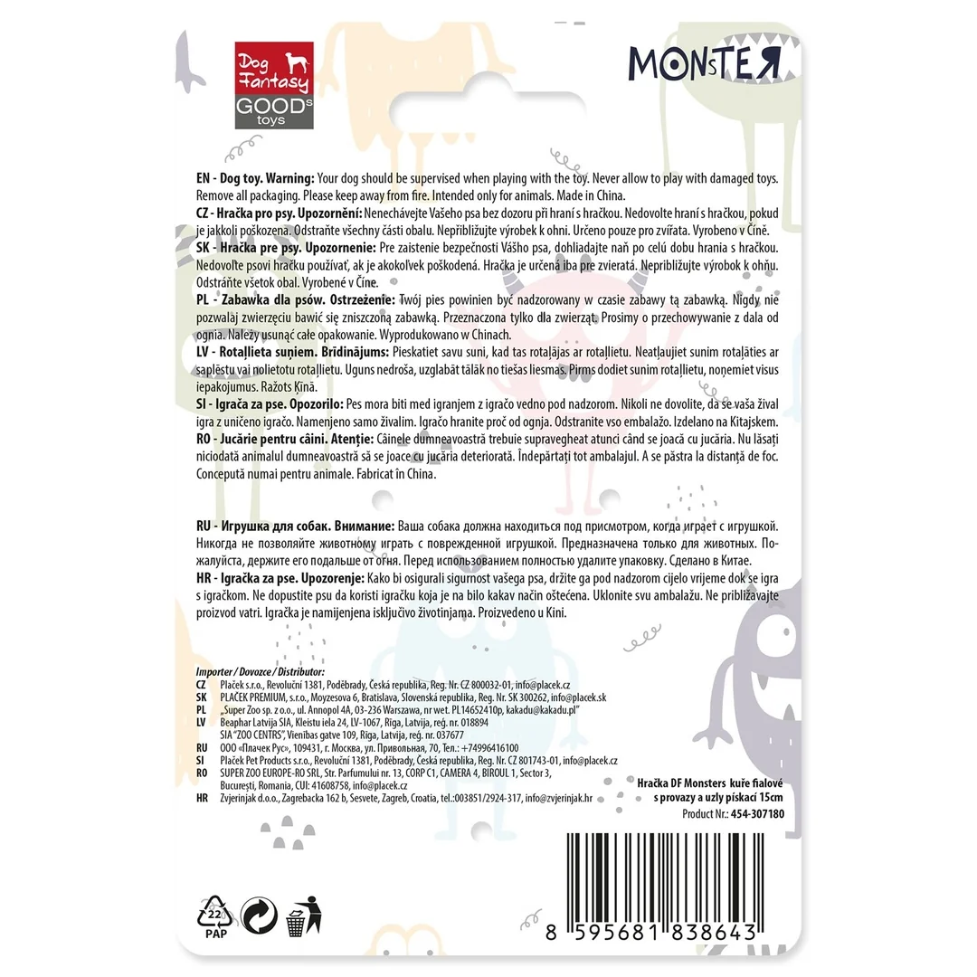 Hračka Dog Fantasy Monsters kura pískacie s povrazmi a uzlami fialové 15cm