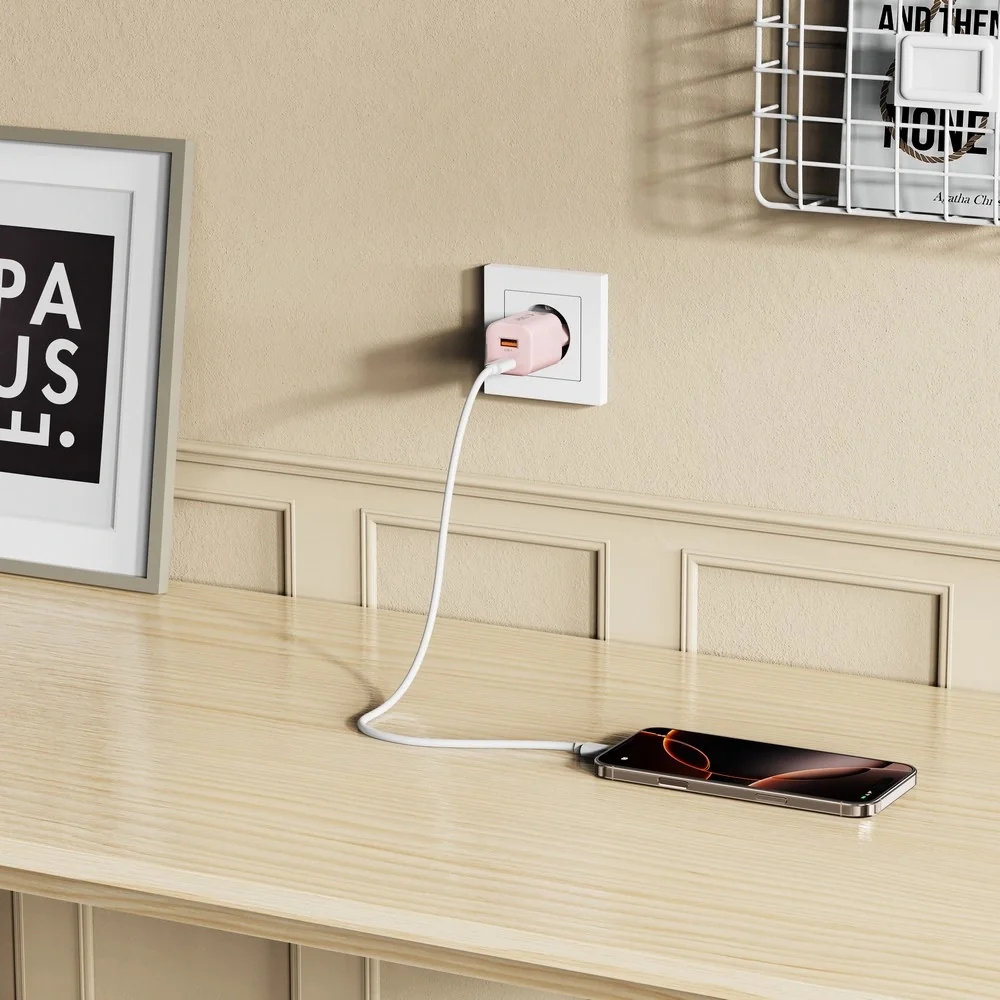 Tech-Protect NCM33W sieťová nabíjačka USB / USB-C 33W PD QC, svetloružová ová