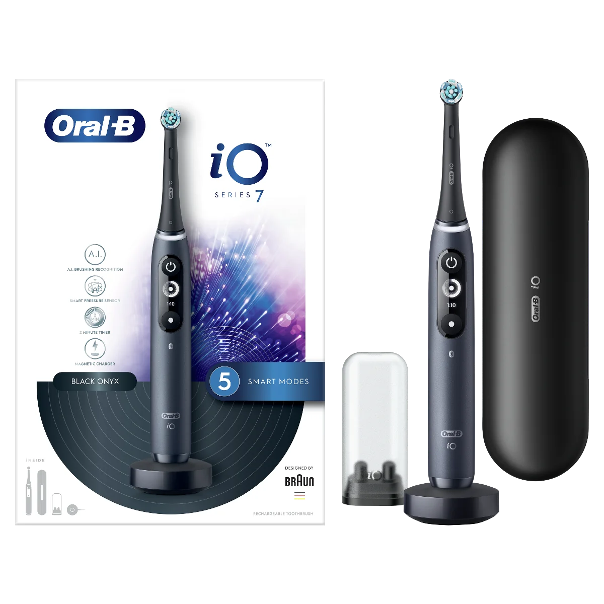 Oral B EK iO Series 7 Black + držiak zubnej kefky + cestovné púzdro 1×1 set, elektrická kefka s držiakom a puzdrom