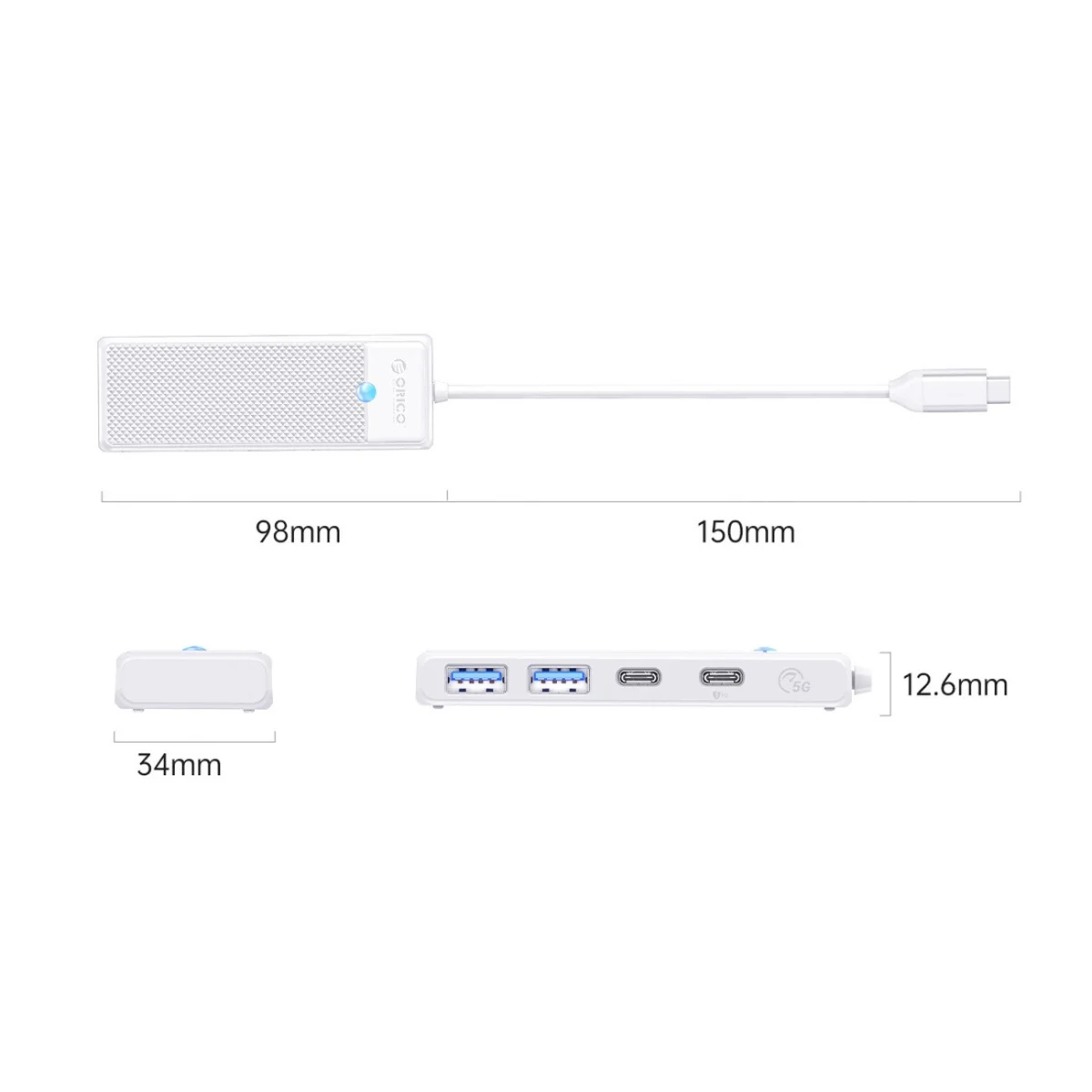 Orico PAPW2AC-C3 USB-C HUB adaptér 2x USB 3.0 / USB-C 3.0 PD 100W 0.15m, biely