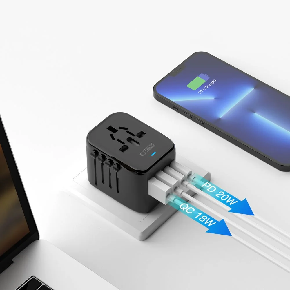 Tech-Protect TA200 cestovný adaptér EU / UK / US / AU, čierny