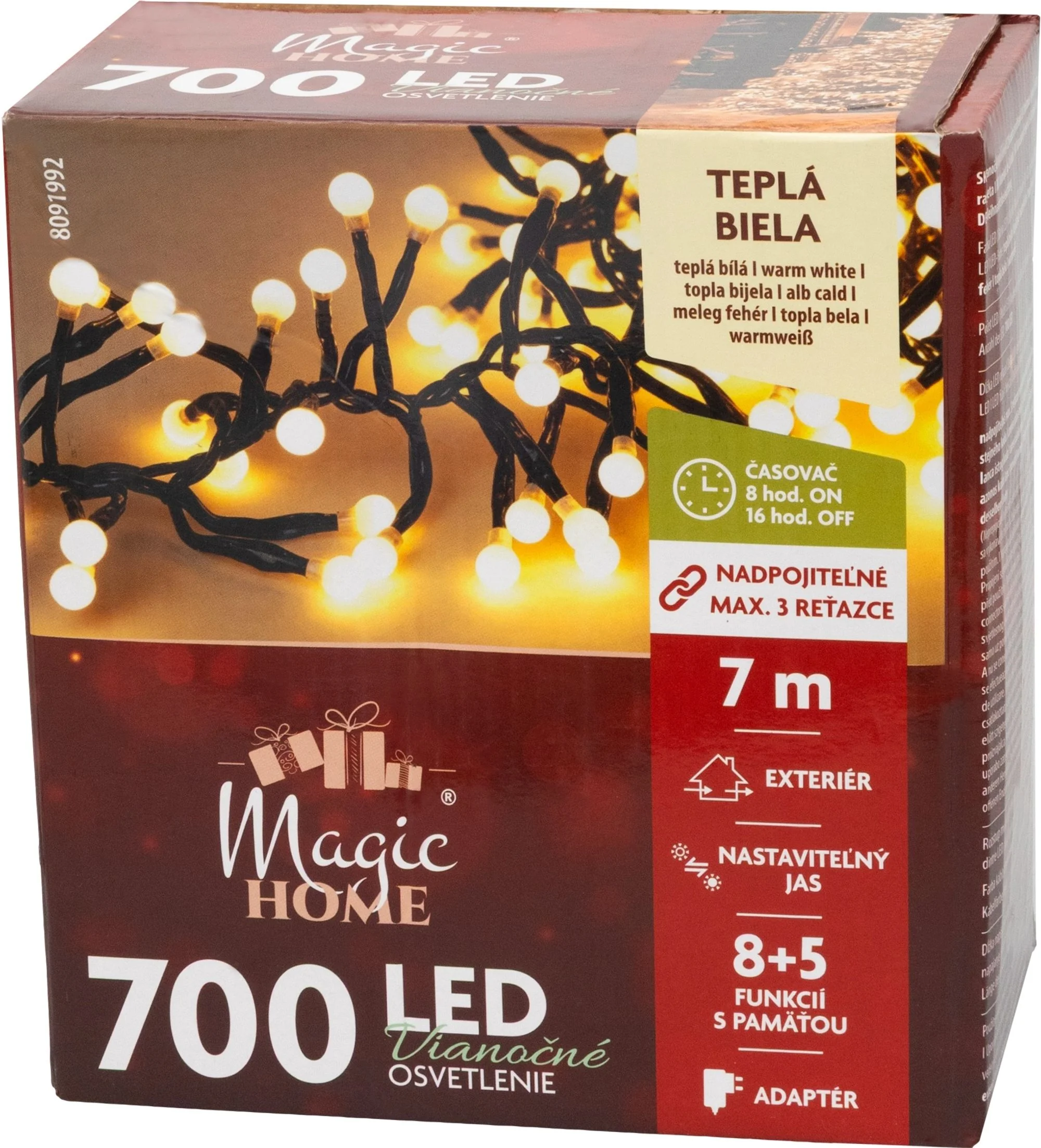 MagicHome vianočná LED reťaz, 1 ks Časovač, 700 LED, teplá biela, 8 funkcií, 7 m, IP44