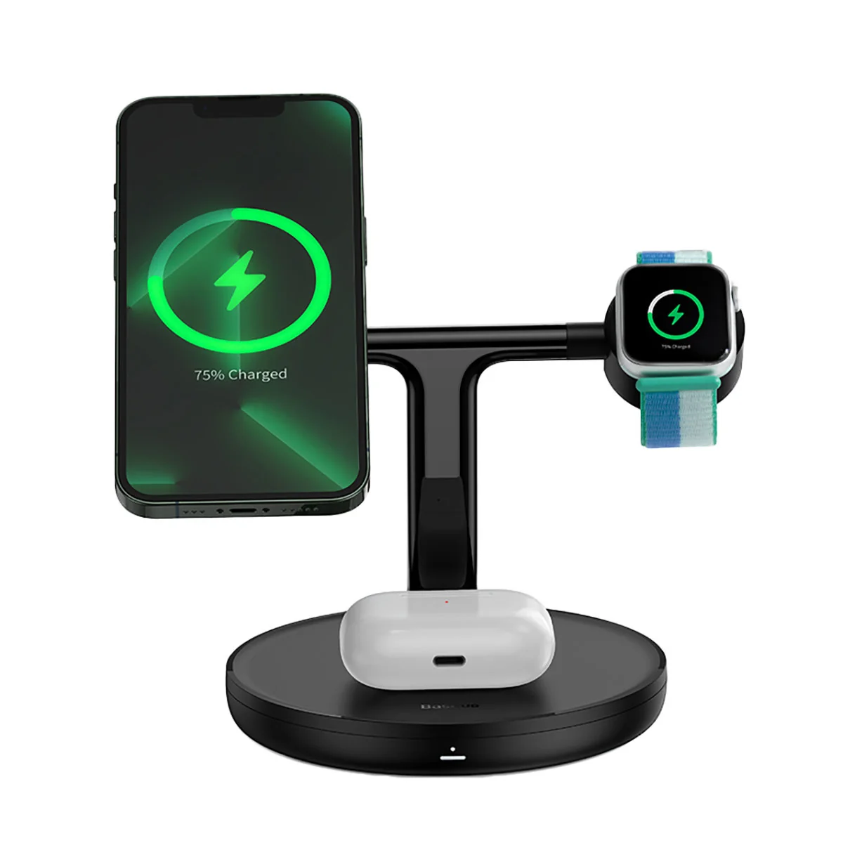 Baseus Swan Magsafe bezdrôtová nabíjačka na iPhone / AirPods / Apple Watch 15W, čierna atch 15W, čierna