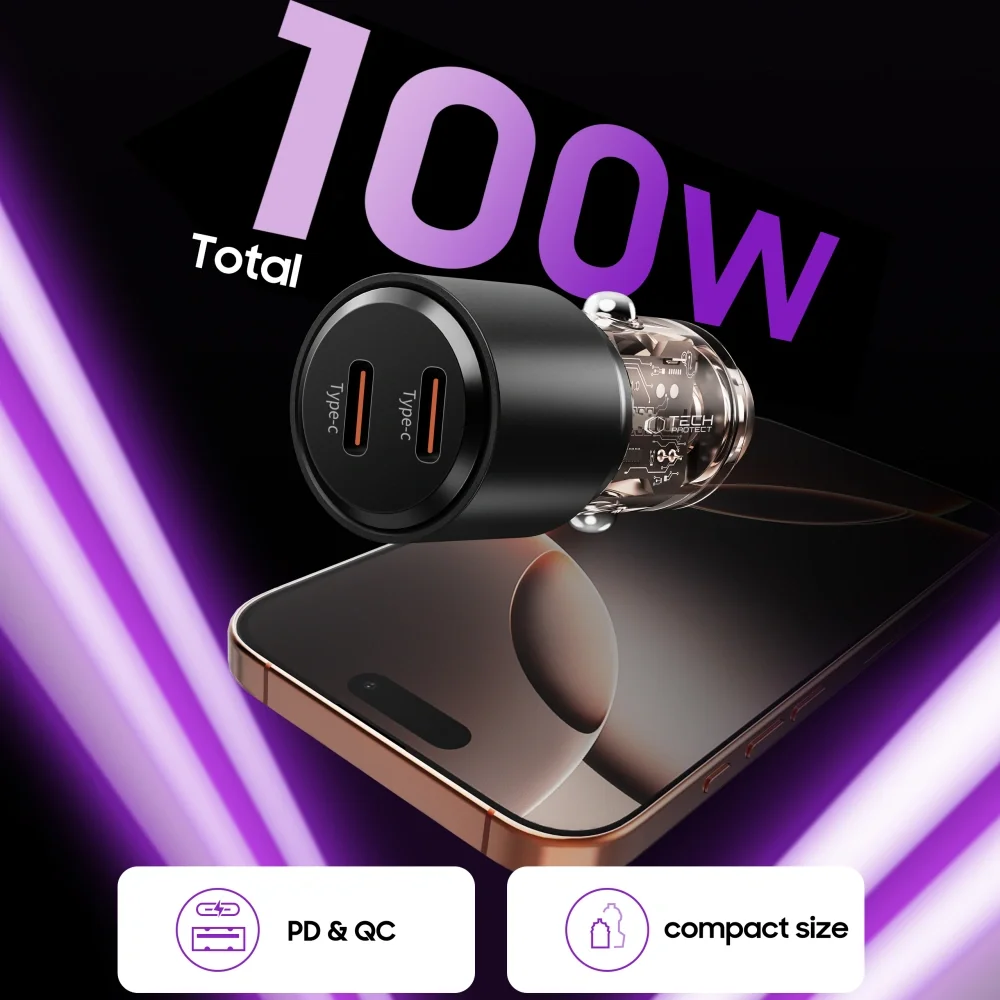 Tech-Protect CC03 autonabíjačka 2x USB-C 100W PD, čierna
