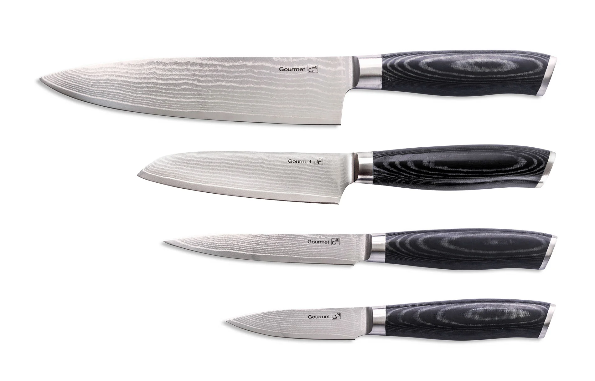 Sada nožov G21 Gourmet Damascus v bambusovom bloku 4 ks + brúsny kameň G-DMSSET4