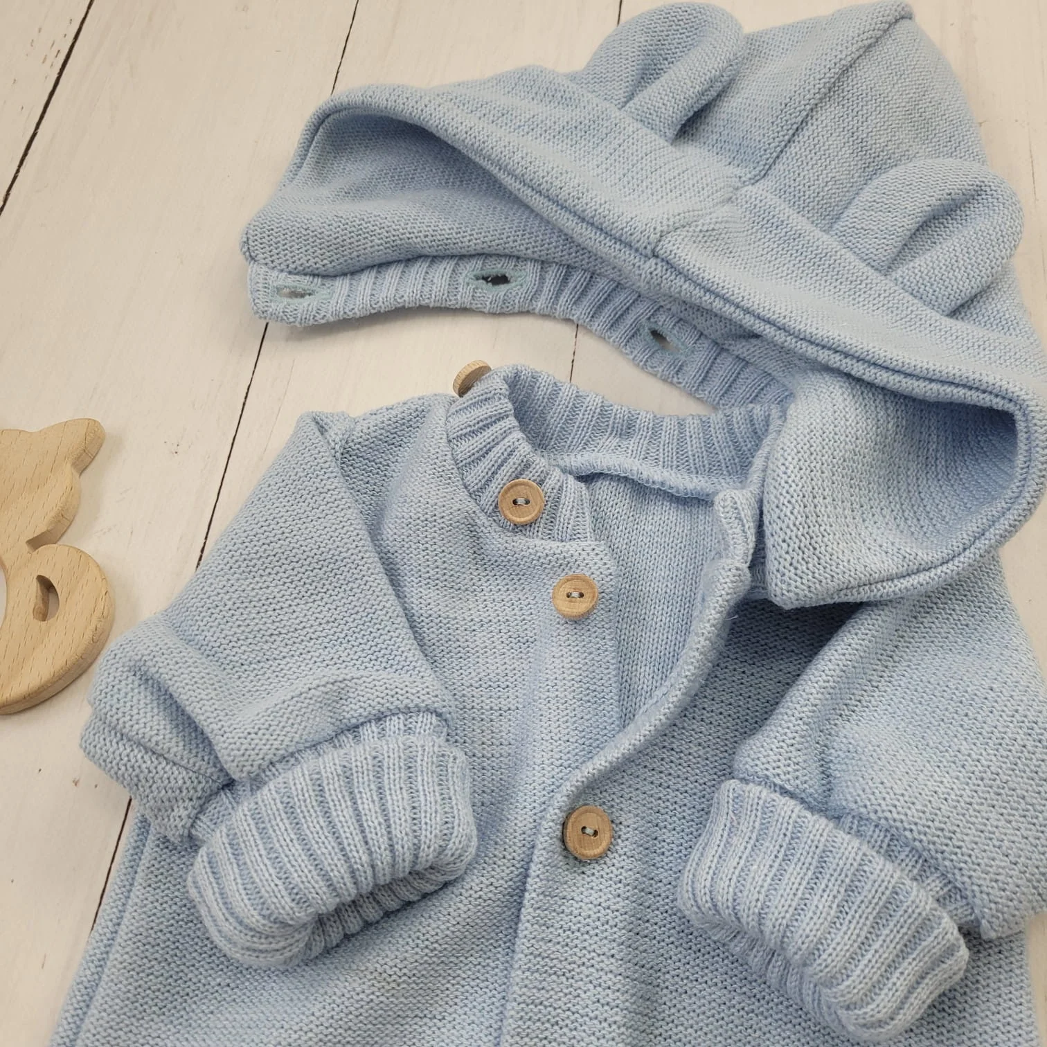 Detský pletený overálok s odopínacou kapucňou - baby blue, 68/74