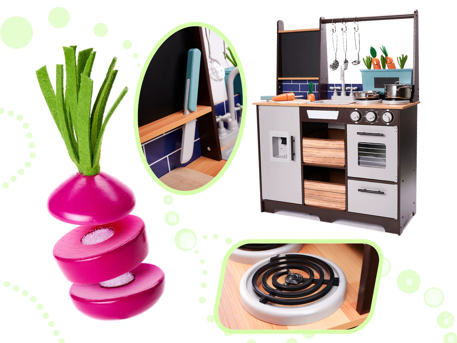 Drevená kuchynka LOFT+ 96 cm + kovové doplnky a „kostkárka ľadu“