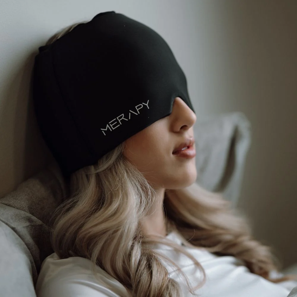 Merapy Headmask čierna, chladivá gélová čiapka na migrénu a bolesť hlavy