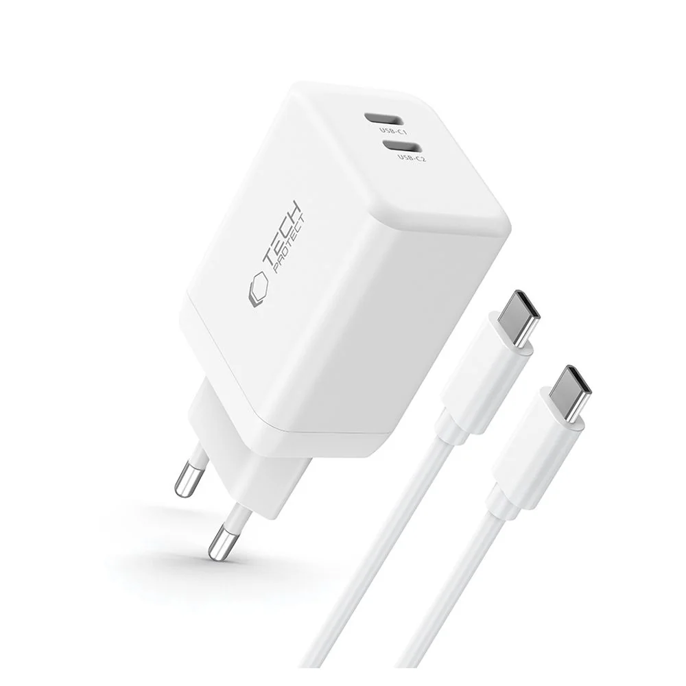 Tech-Protect NC45W GaN sieťová nabíjačka 2x USB-C 45W + kábel USB-C, biela iela