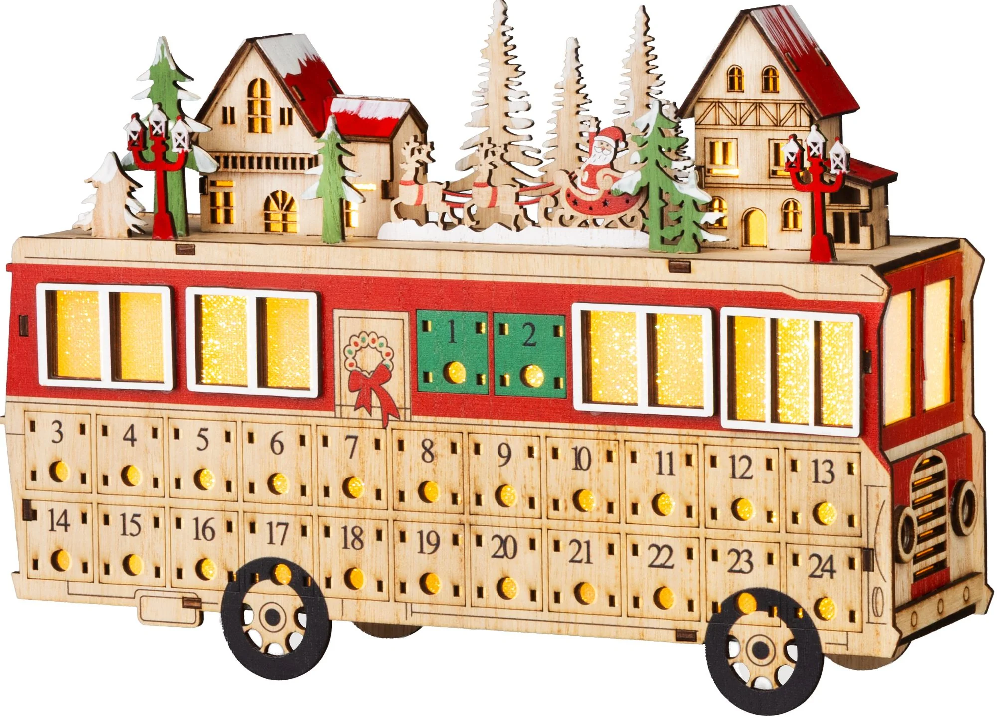 MagicHome vianočný LED autobus, 1 ks 8 LED teplá biela, 2xAAA, IP20, 27,7x7,5x19 cm