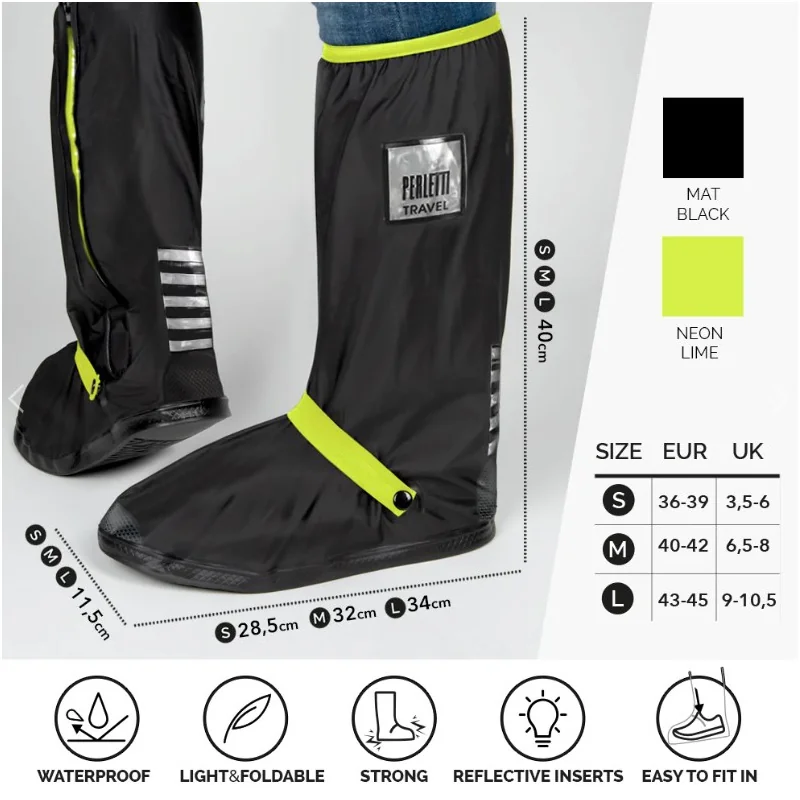 PERLETTI - Kvalitné nepremokavé návleky na obuv, veľkosť L 43/45, Nero/Lime, 95014