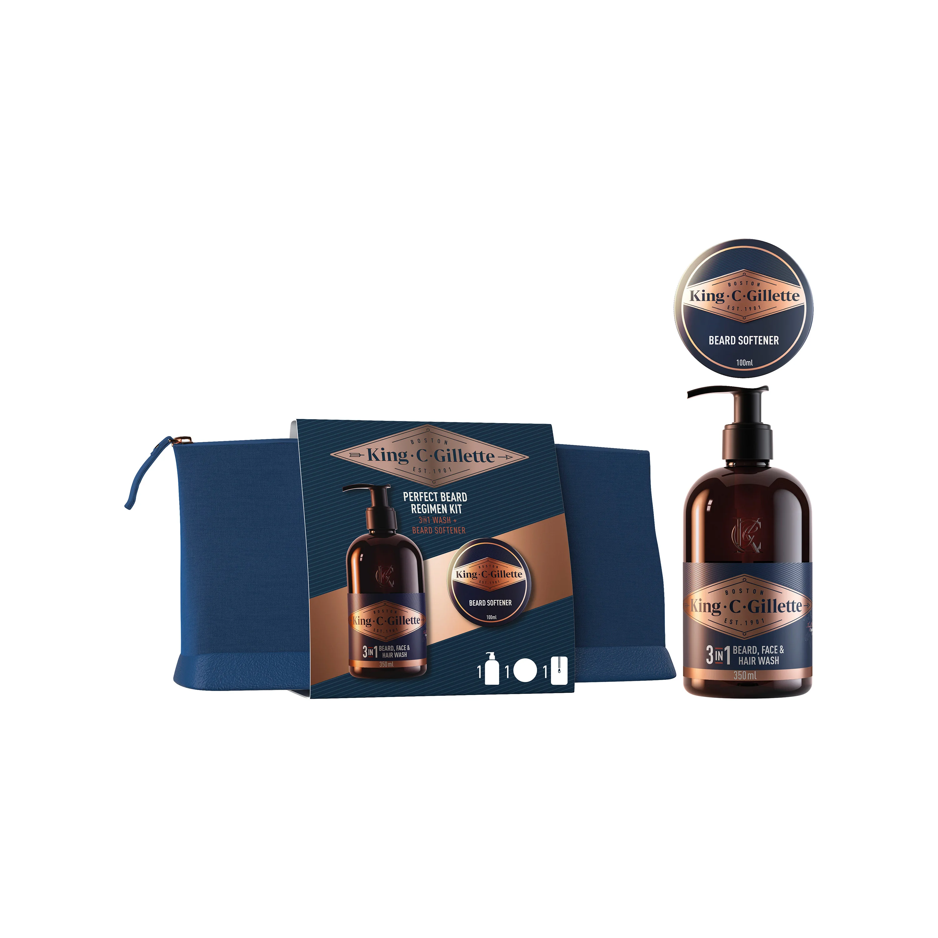 Gillette King C. darčeková sada s cestovnou taškou + 3v1 šampónom na vlasy, bradu a tvár 350 ml + zmäkčovač brady 100 ml 1 set