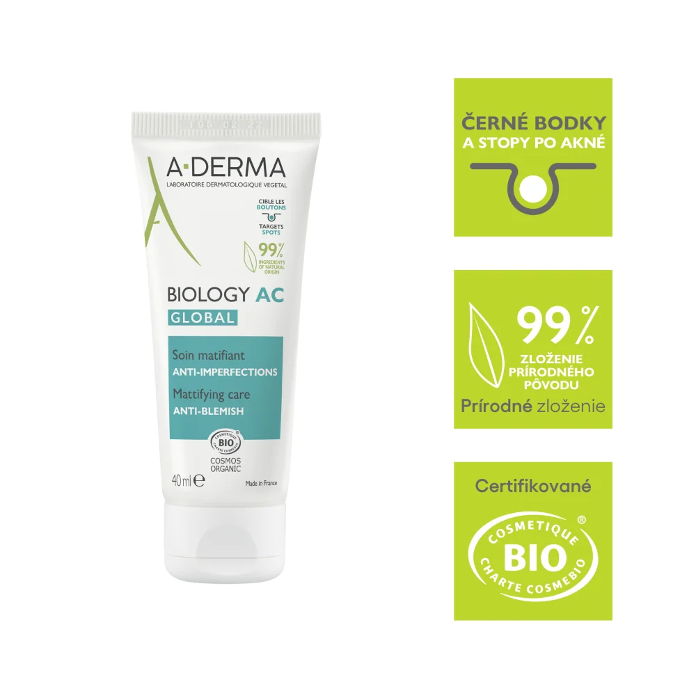 A-DERMA BIOLOGY AC GLOBAL Zmatňujúca starostlivosť proti nedokonalostiam pleti 1× 40 ml, pleťoví krém na aknóznu pleť