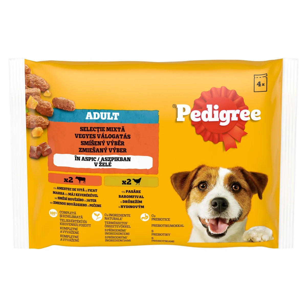 PEDIGREE Kapsička s hovädzím a hydinovým v želé 4pack 4×100 g, kapsička pre psy