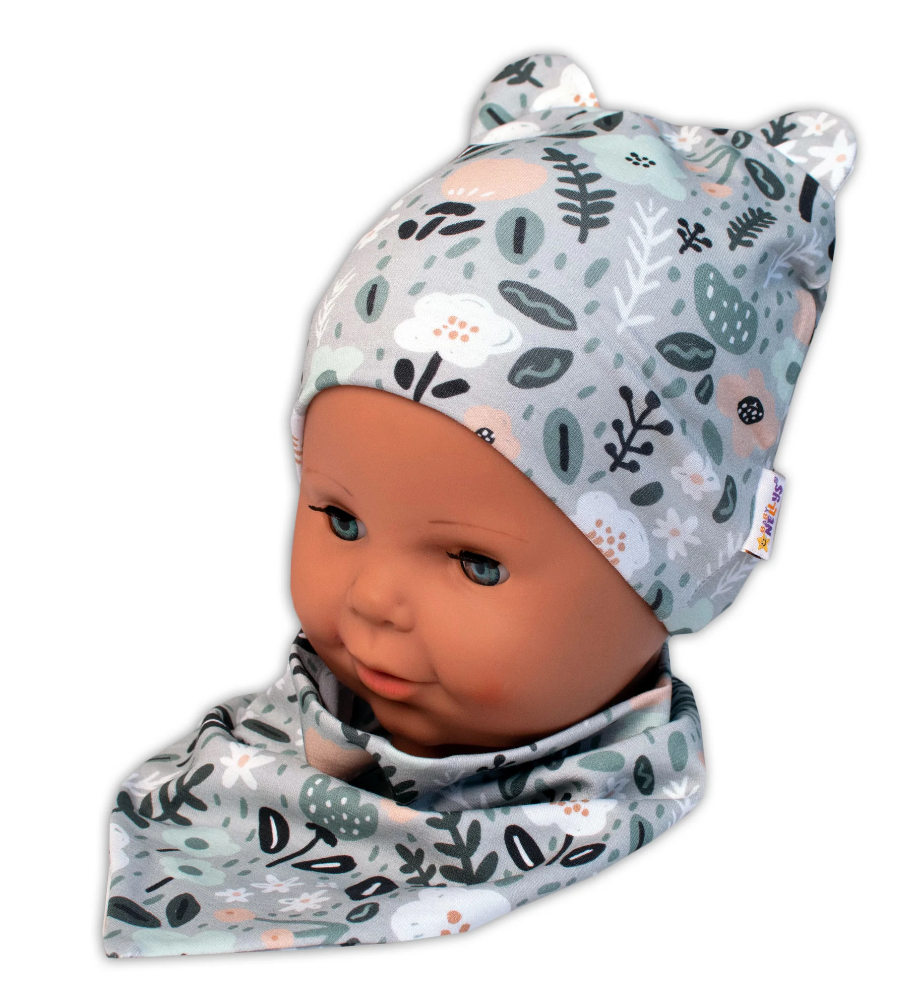 Baby Nellys Dvojvrstvová čiapka s uškami + šatka Palouček, mätová