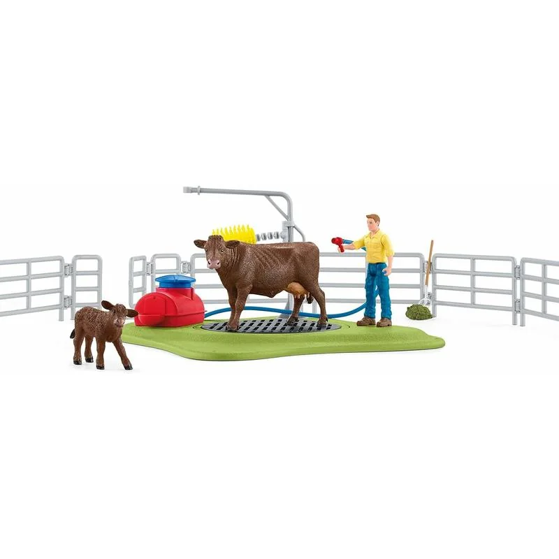 Schleich Umývacia stanica pre kravy – set s farmárom, kravou a teľaťom
