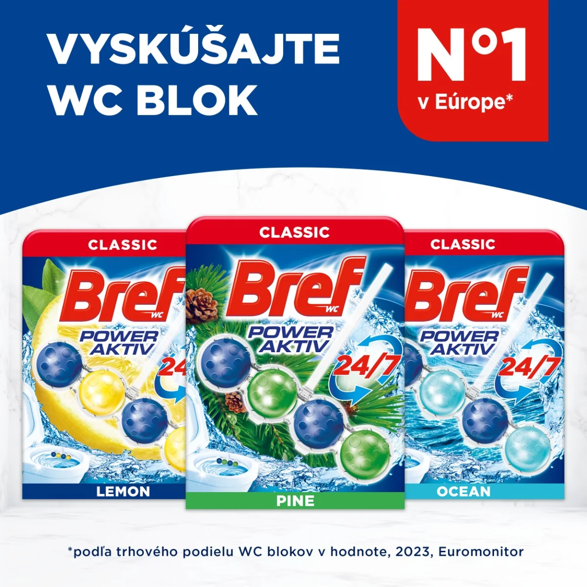 Bref Power Aktiv tuhý WC blok Pine 3×50 g 3×50 g, WC blok
