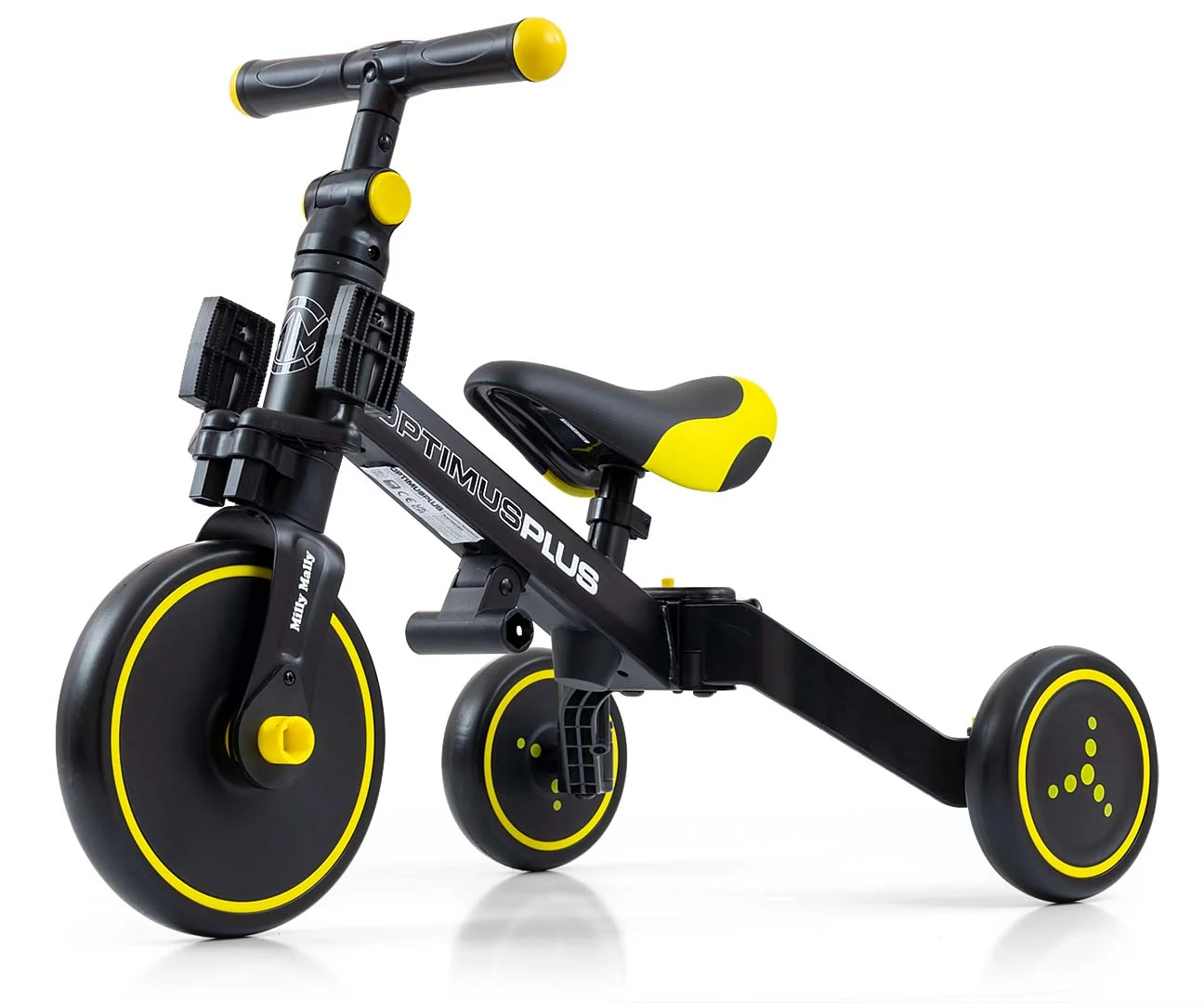 Balančná trojkolka, bicykel, odrážadlo a vodiaca tyč, Optimus Plus 4 v 1, čierna