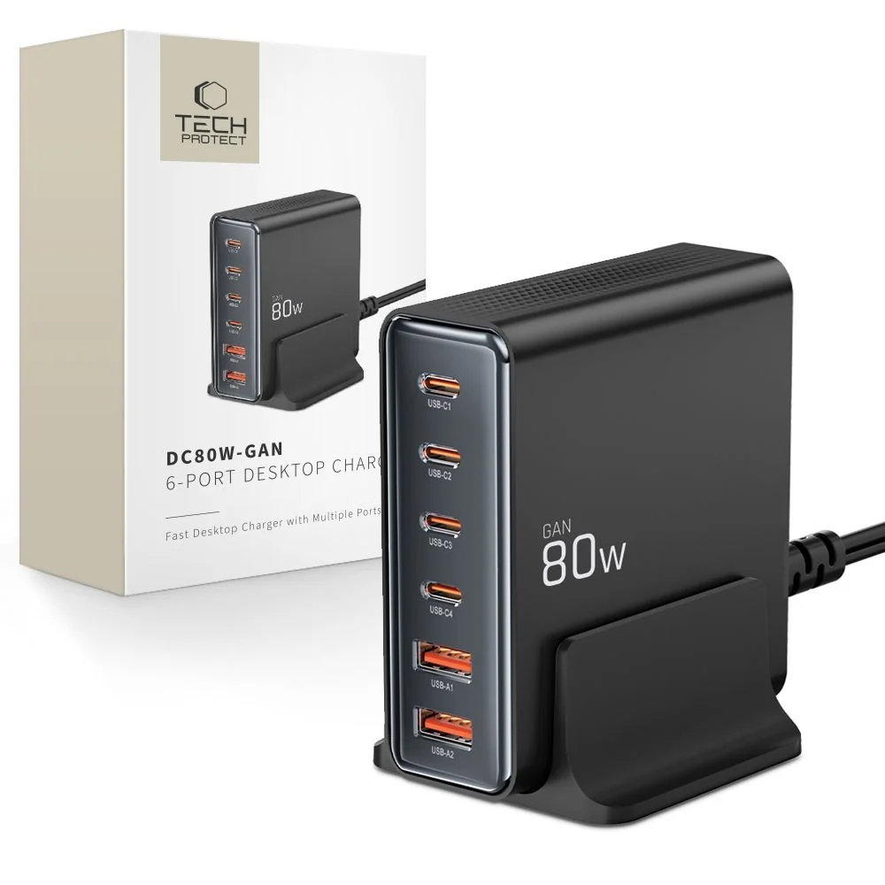 Tech-Protect DC80W 6 Port GaN nabíjačka PD 80W / QC, čierna