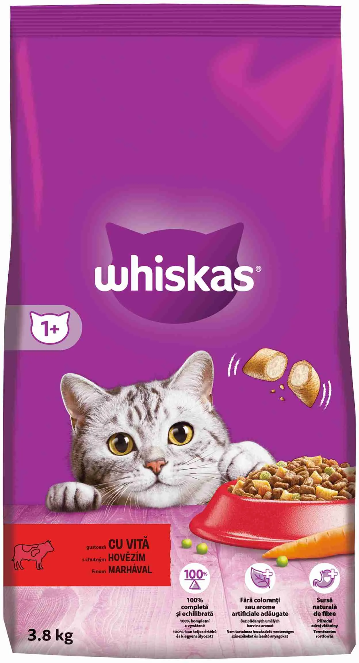 WHISKAS Granule pre dospelé mačky s hovädzím mäsom 1×3,8kg, granule pre dospelé mačky