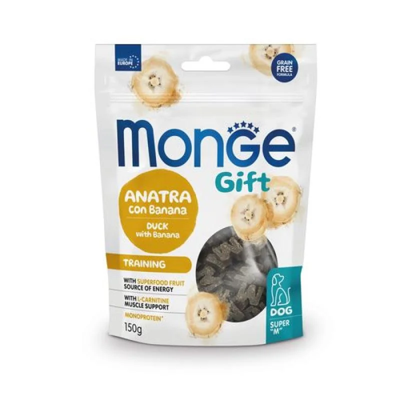 MONGE GIFT Super M Training 150g pochúťky pre dospelé psy, kačacie mäso s banánom