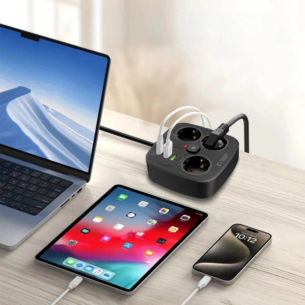 Tech-Protect PCS3X4 predlžovací kábel 2x USB / 2x USB-C / 3 zásuvky 2m, čierna , čierna