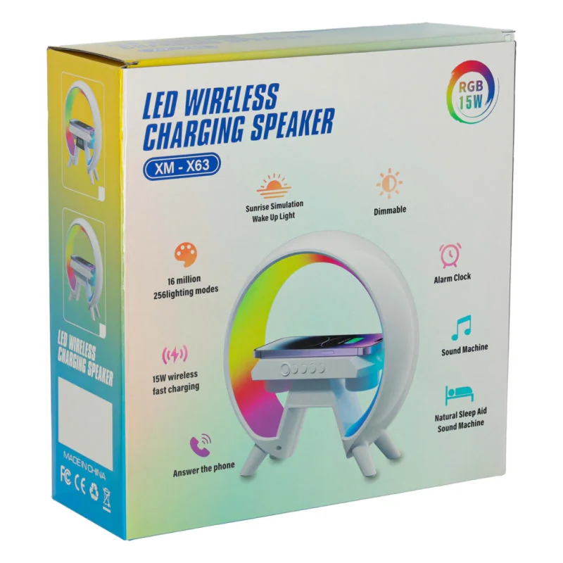 LED lampa s bezdrôtovým nabíjaním, rádiom a budíkom – RGB
