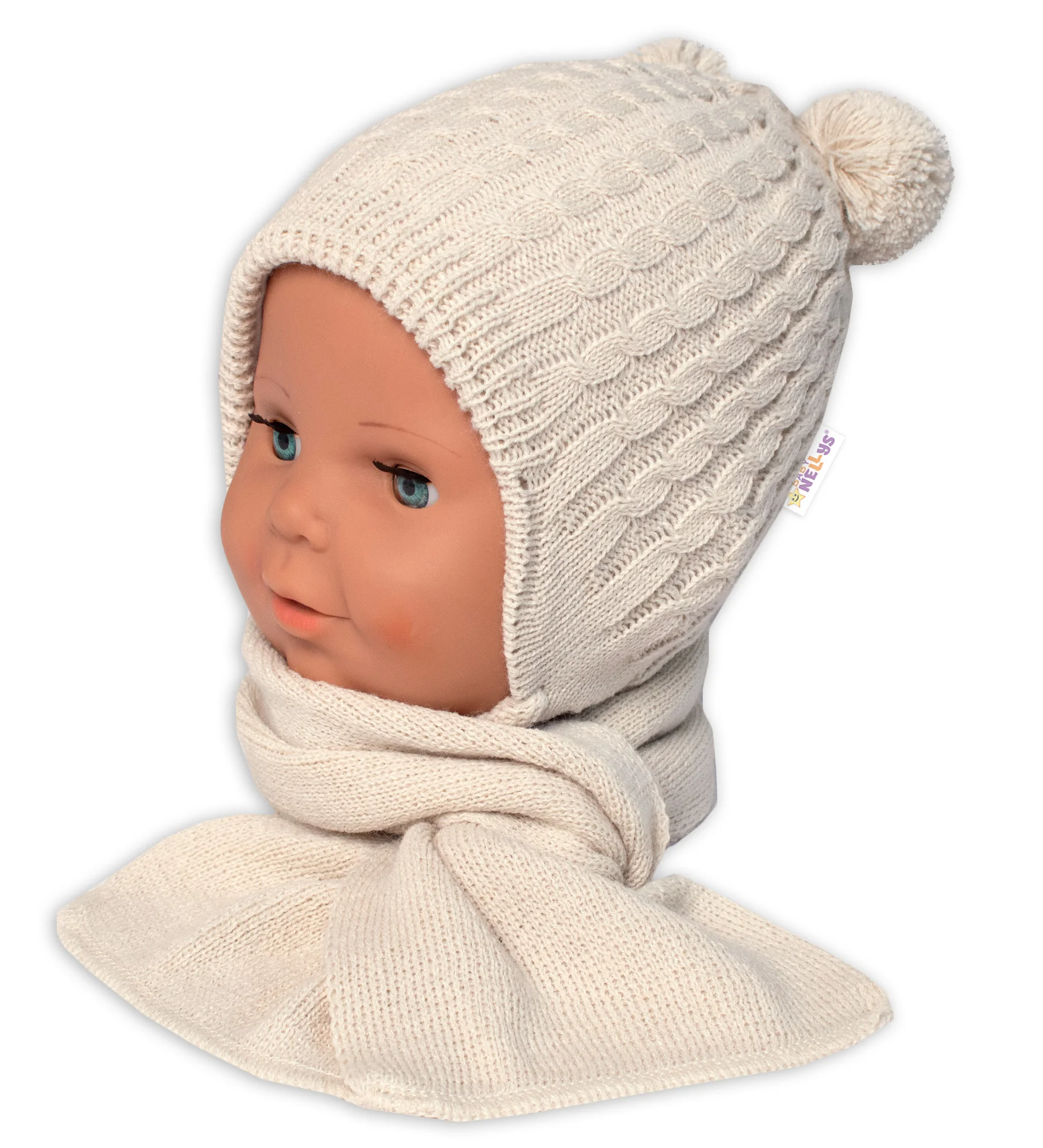 Zimná čiapka na zaväzovanie s brmbolcami + šál, Baby Nellys - béžová, vel. 62/68