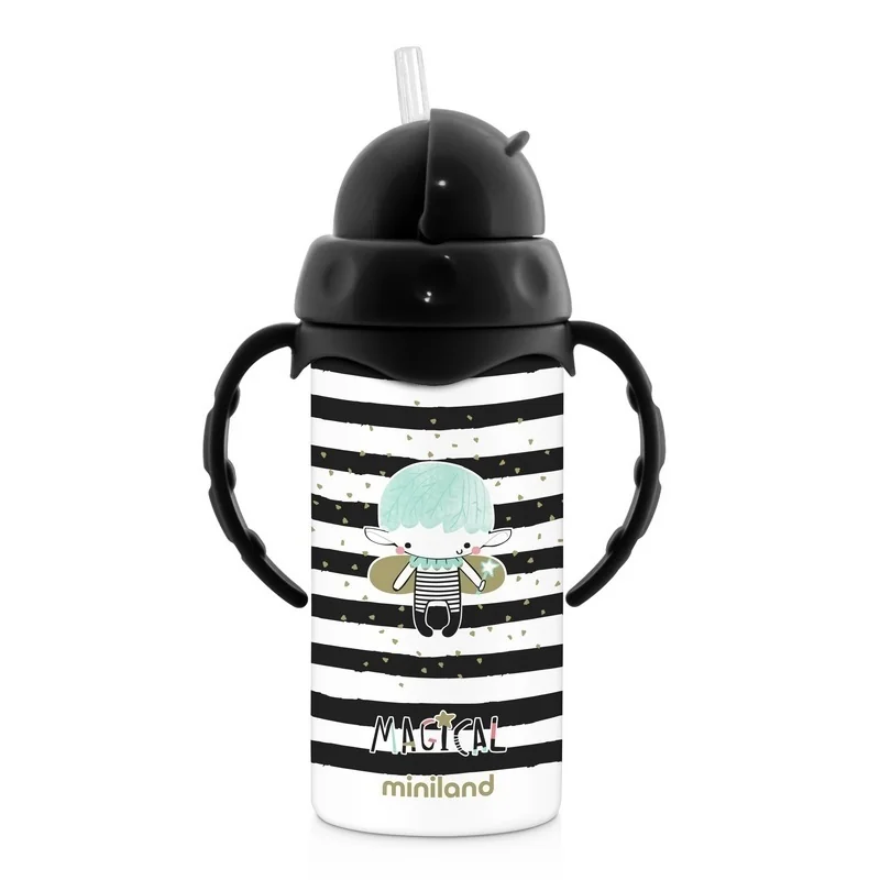 Miniland detská termoska so slamkou Magical 240 ml čierno-biela