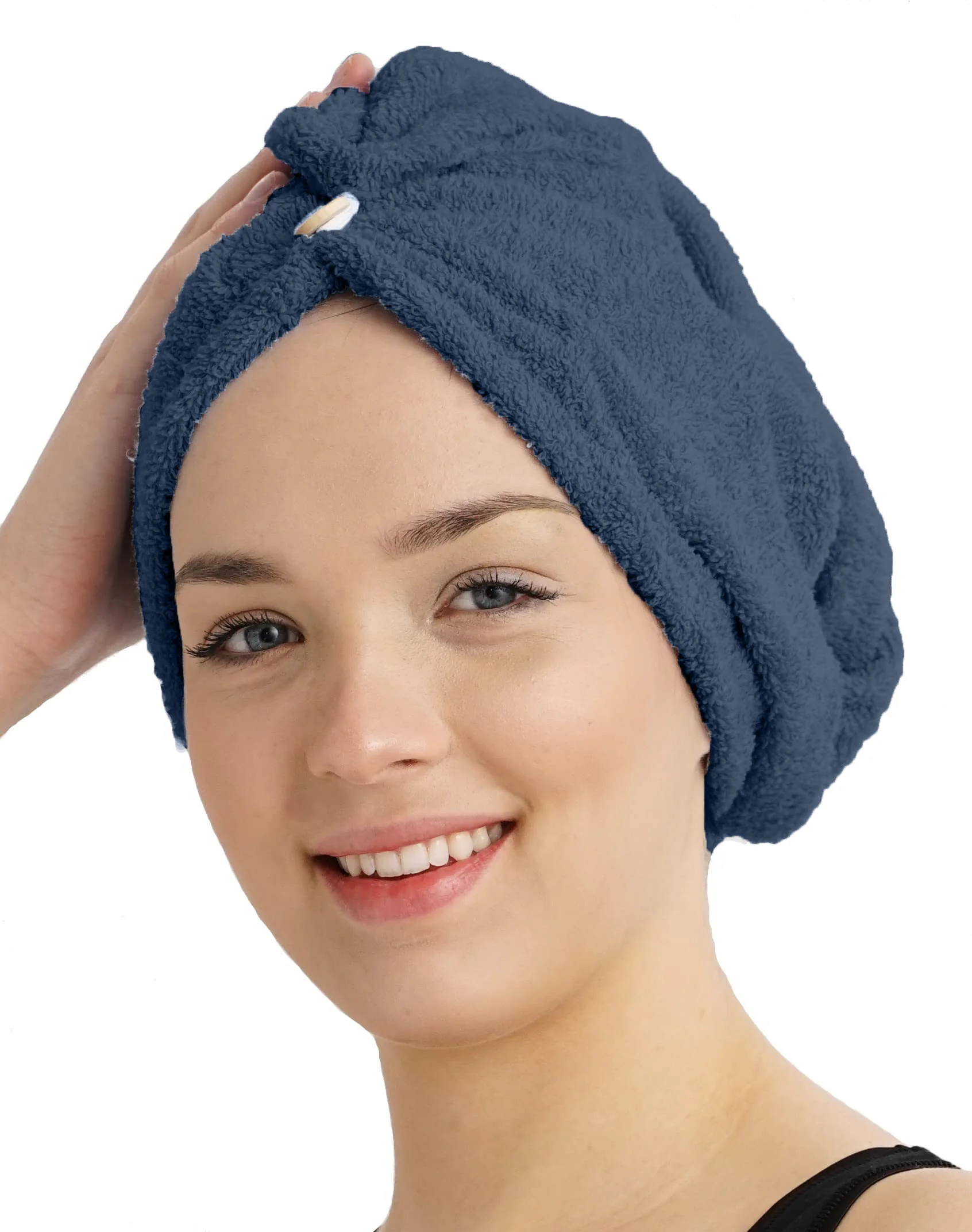 Rýchloschnúci froté turban do vlasov, tmavo modrý