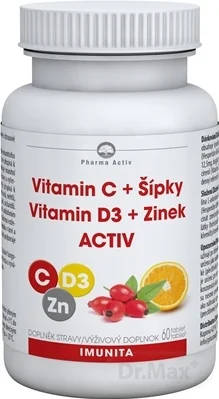 Pharma Activ Vitamín C+Šípky Vit.D3+Zinok ACTIV 1×60 tbl, výživový doplnok