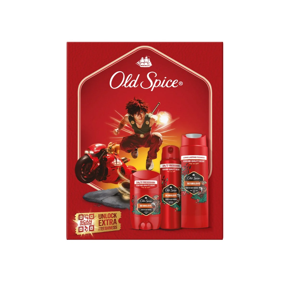 Old Spice darčeková sada Anime s tuhým dezodorantom, dezodorantom v spreji a sprchovým gélom Bearglove 1 set