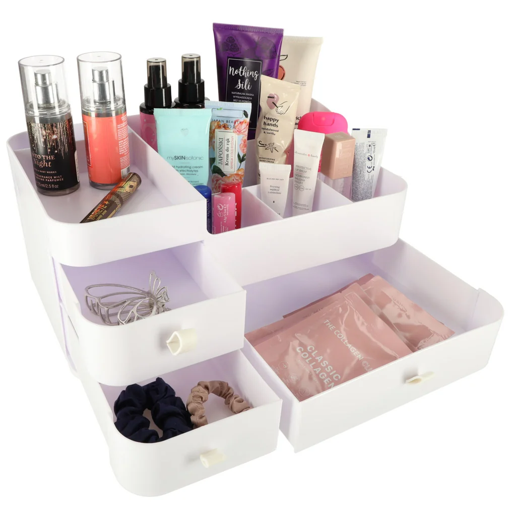 Organizér na kozmetiku a šperky so zásuvkami – biely, 34 × 22 × 15 cm