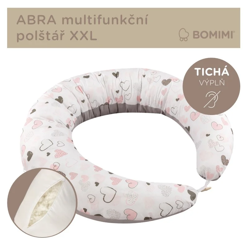 Bomimi ABRA multifunkčný tehotenský a dojčiaci vankúš XXL, srdcia ružová/sivá